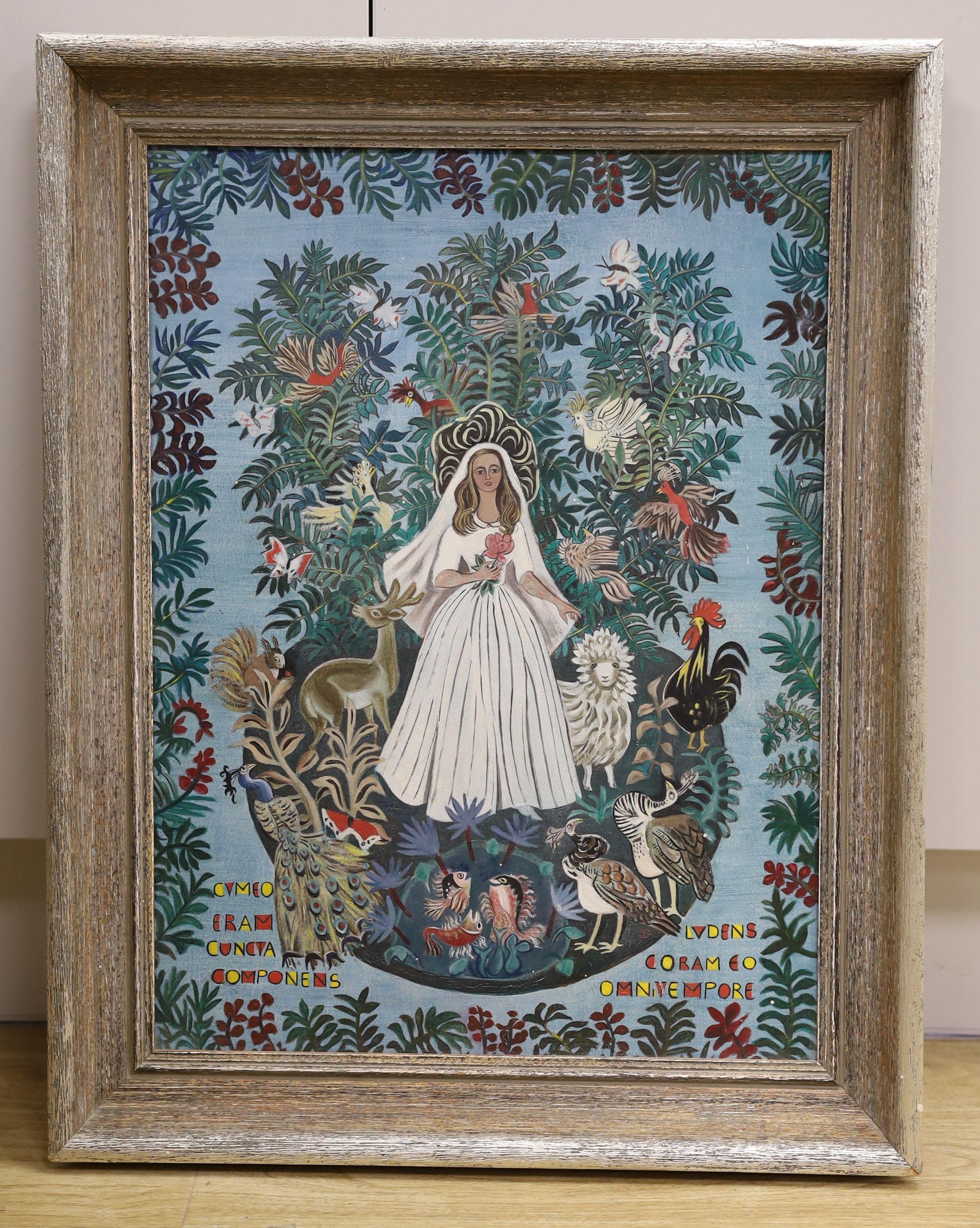 Modern British, oil on board, 'Mother Nature', Bride surrounded by birds and animals, monogrammed JD, probably original frame with Rowley Gallery label verso, 50 x 37cm